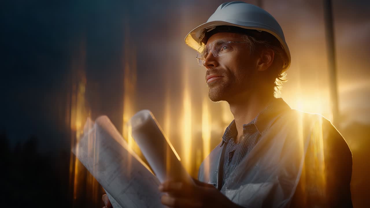 A contemplative construction engineer stands resiliently at dusk, meticulously reviewing detailed blueprints while illuminated by the striking warm glow of a setting sun, signaling the end of a productive day