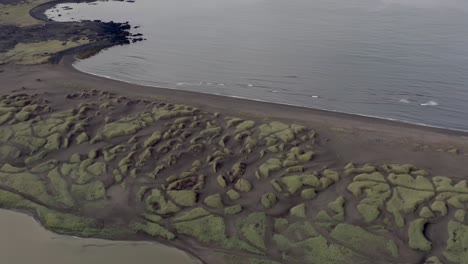 antena de la distintiva playa volcánica negra sandvik en las escarpadas costas de islandia