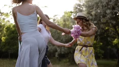 amigas alegres divirtiéndose juntas al aire libre. baile redondo, tomados de la mano. día brillante y soleado. cámara lenta