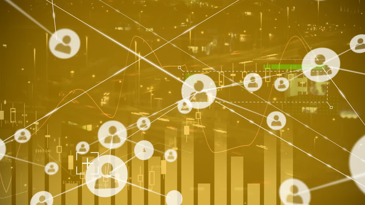 Network of connections and data processing animation over urban night scene