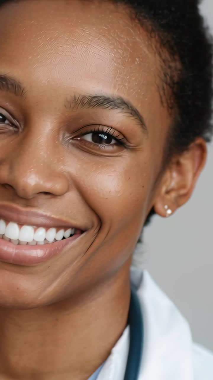 Video verticale: Medico sorridente in camice che si gira in clinica mentre la telecamera si sposta per mostrare lo stetoscopio.