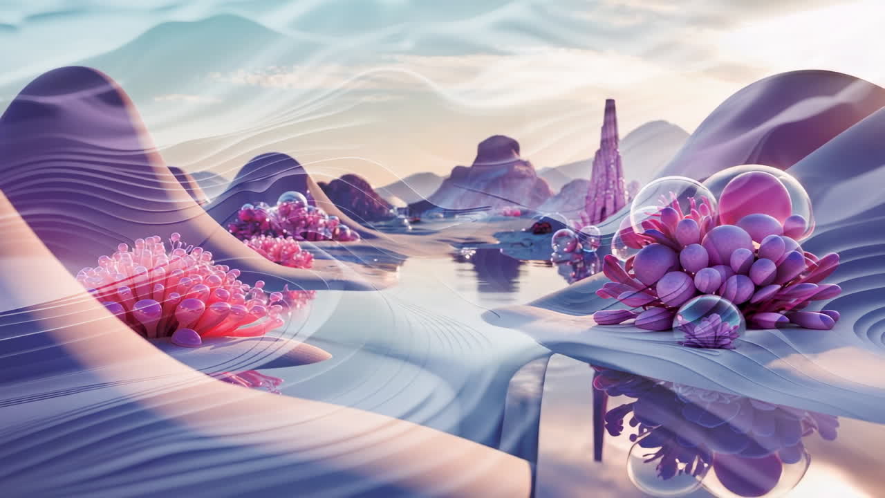 Surreal Pastel Landscape with Organic Forms and Bubbles
