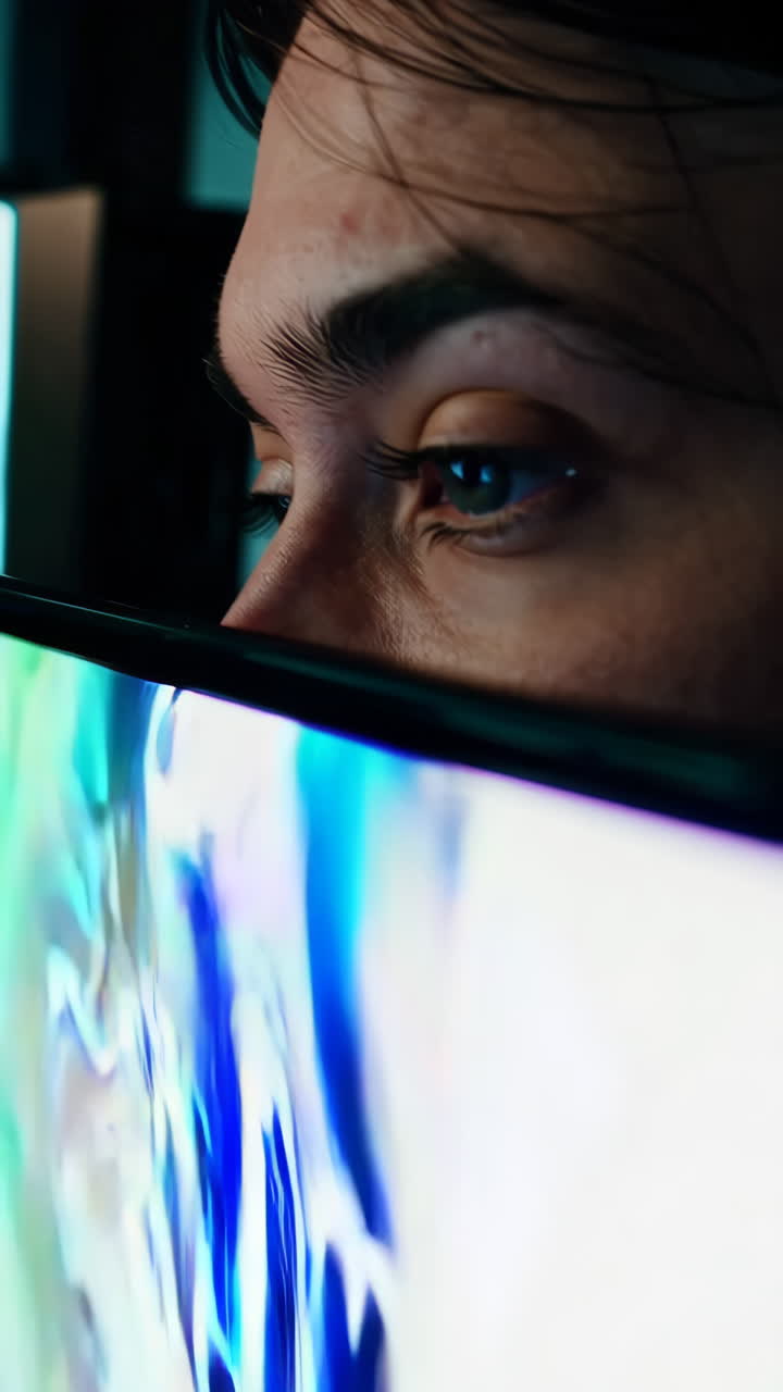 Woman looking at a glowing screen