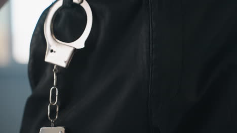 close up of handcuff hanging from man waist over black pants with belt buckle detail, bare skin visible above belt line as he grips metal cuff inside softly lit studio with mirrored windows haze