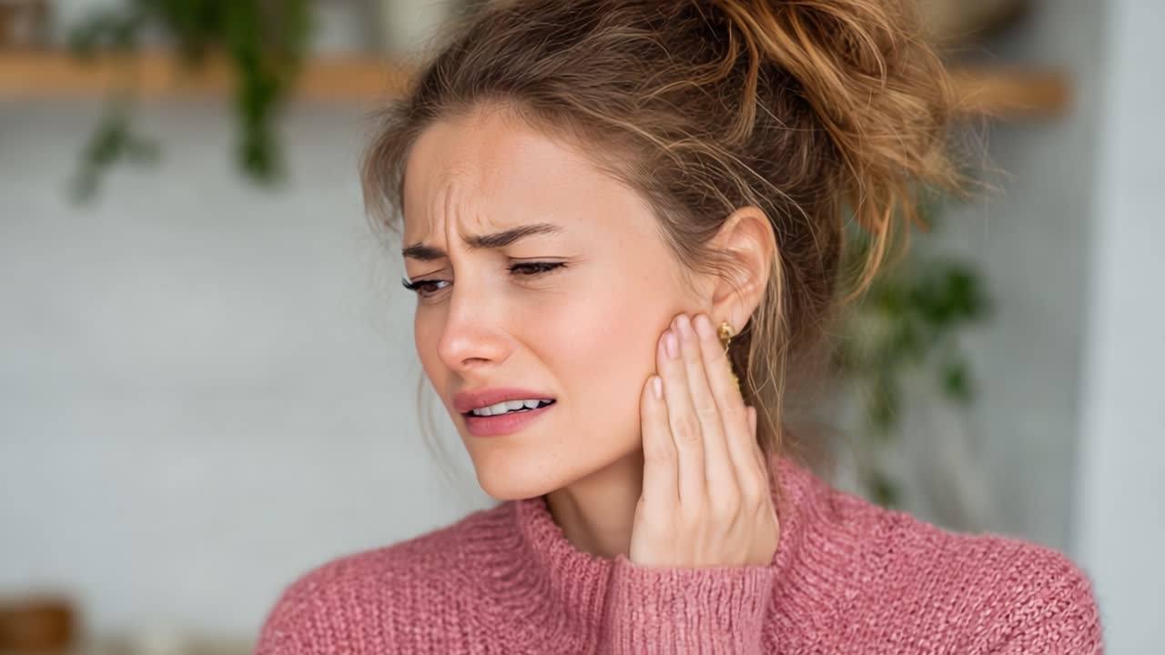 Una giovane donna prova disagio e dolore, mostrando preoccupazione sul viso mentre si tocca la mascella, evidenziando difficoltà emotive e fisiche.