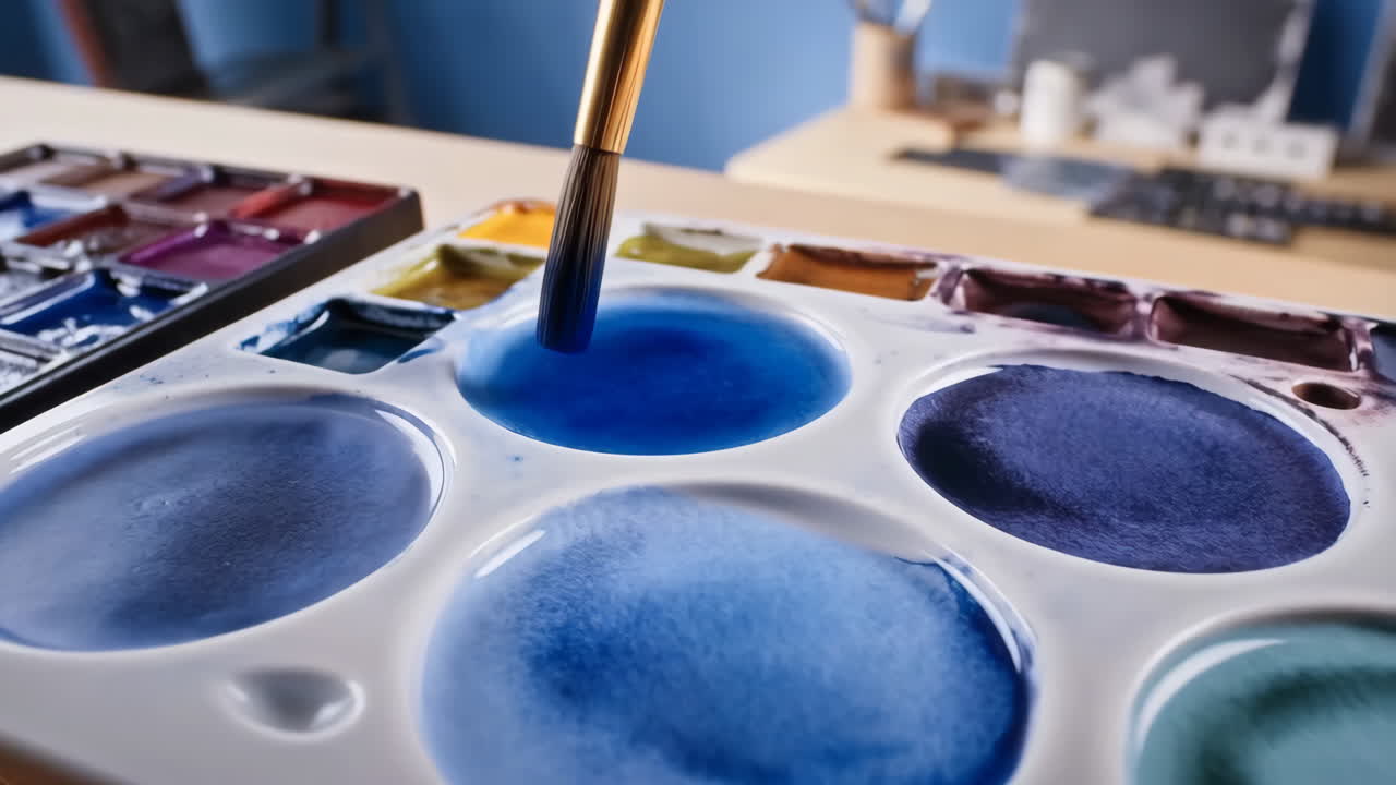 Artist dipping a brush into blue watercolor paint on a palette