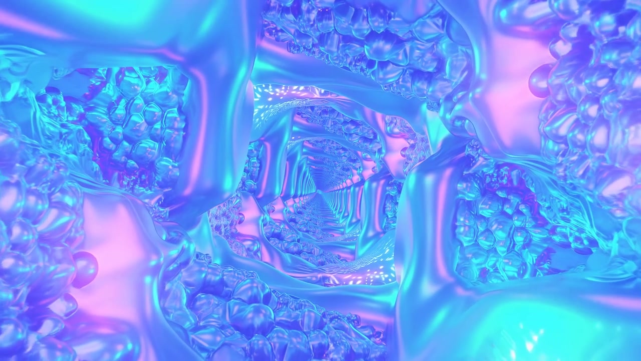 Gecentreerd abstract tunnelinterieur met golvende vloeibare plooien, geclusterde bubbelknobbels, gebogen ribben, reflecterende cyaan-magenta gloed, vloeiende symmetrie, sterke diepte en meeslepende futuristische textuur.