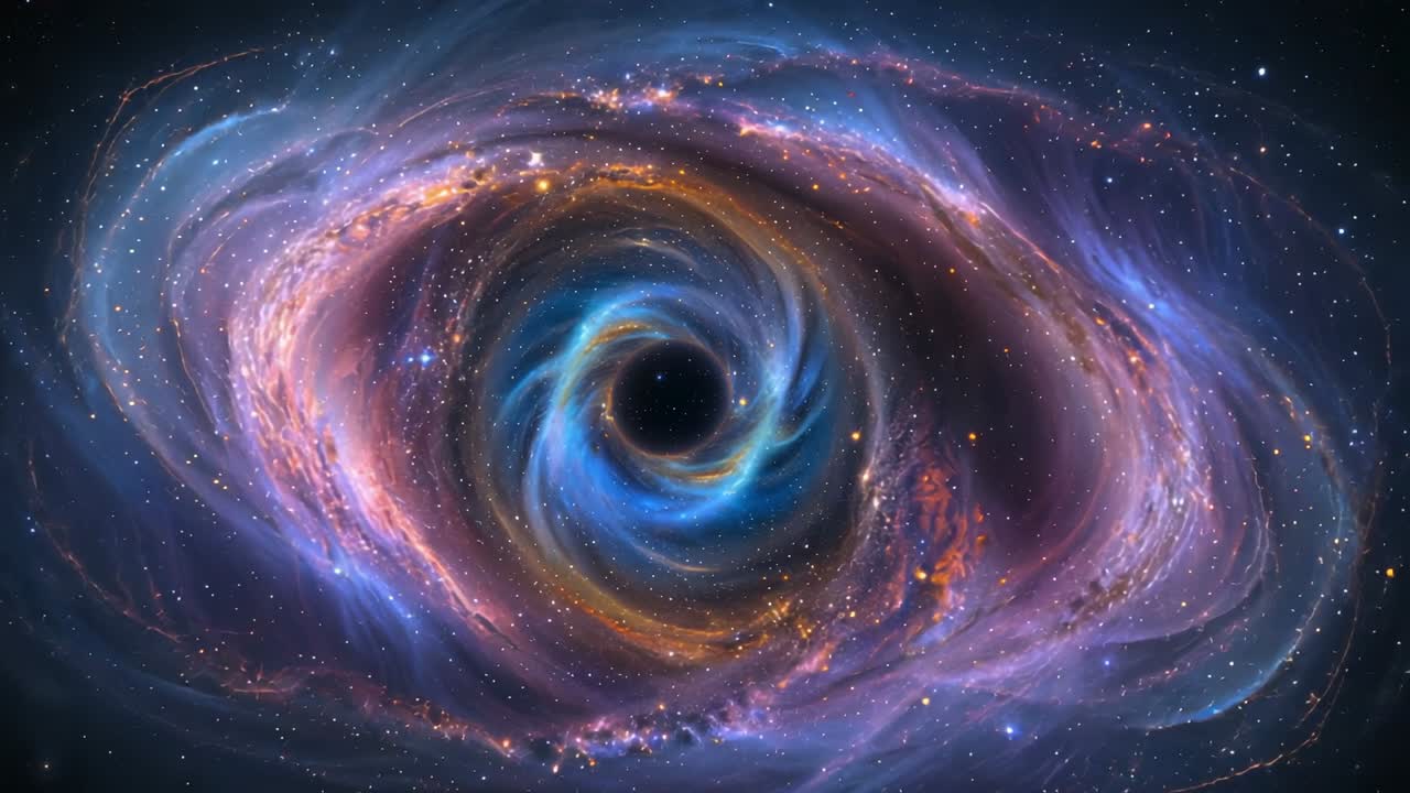 Gravity causing accretion disk swirling around black hole in space, with glowing gas filaments