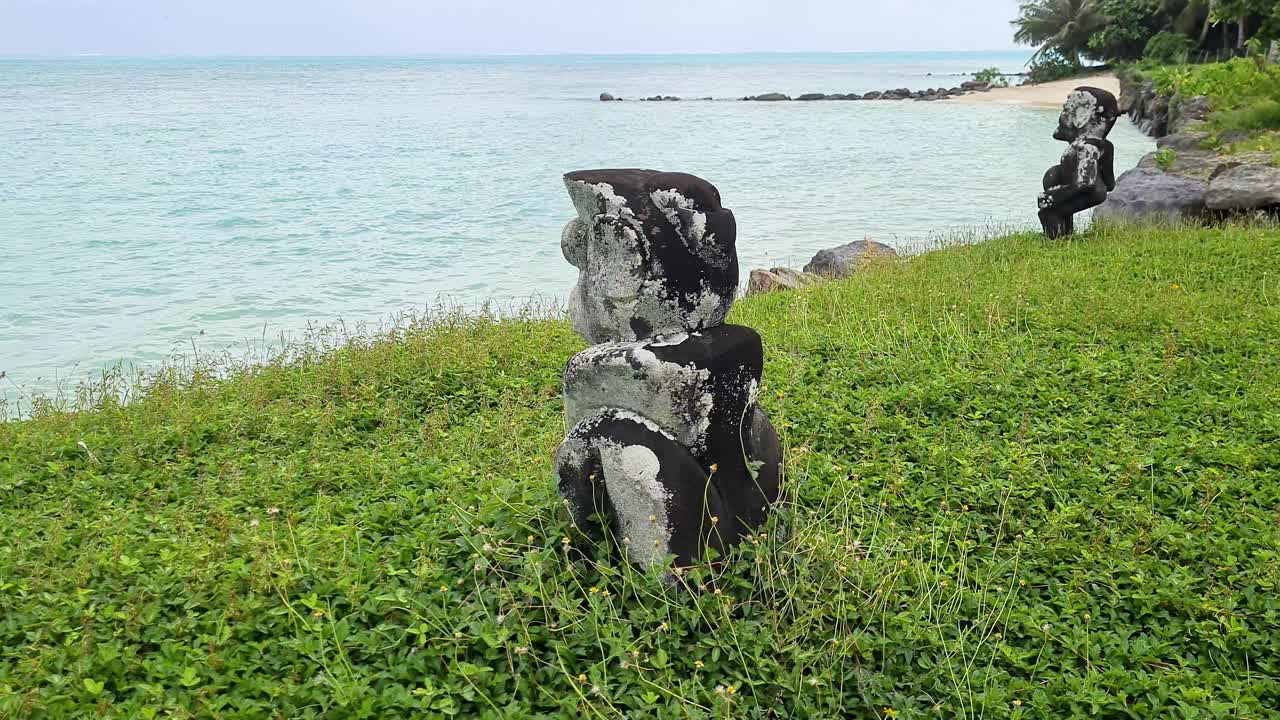 Huahine Island French Polynesia. Anini Mara'e Ancient Ceremonial Site, Stone Sculptures by Ocean