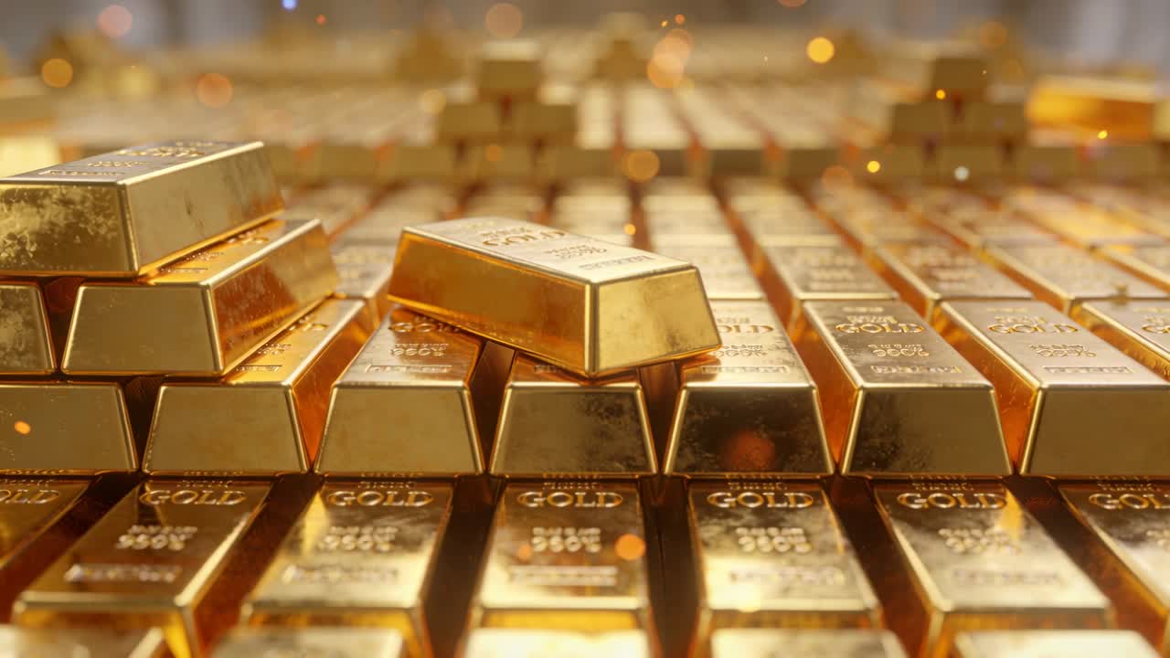 Video verticale: Lingotti d'oro che catturano la luce, particelle che fluttuano, mostrando purezza per una presentazione finanziaria.