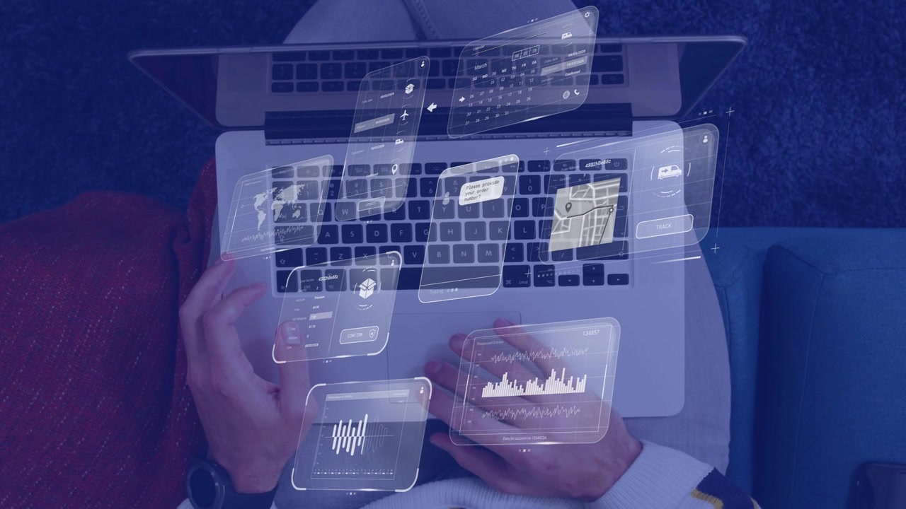 Tech dev holding phone above keyboard causing AR widgets shifting while typing and analyzing data