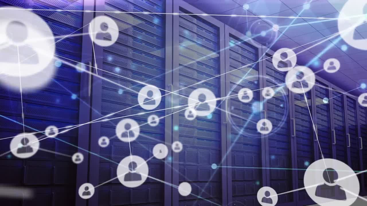 animación de la red de conexiones con iconos sobre la sala del servidor