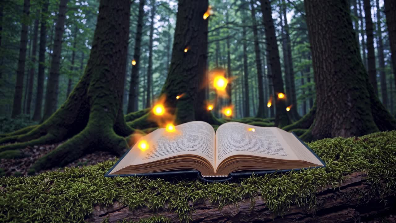 Magical book on mossy log in enchanted forest, glowing lights hover above