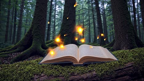 magical book on mossy log in enchanted forest, glowing lights hover above