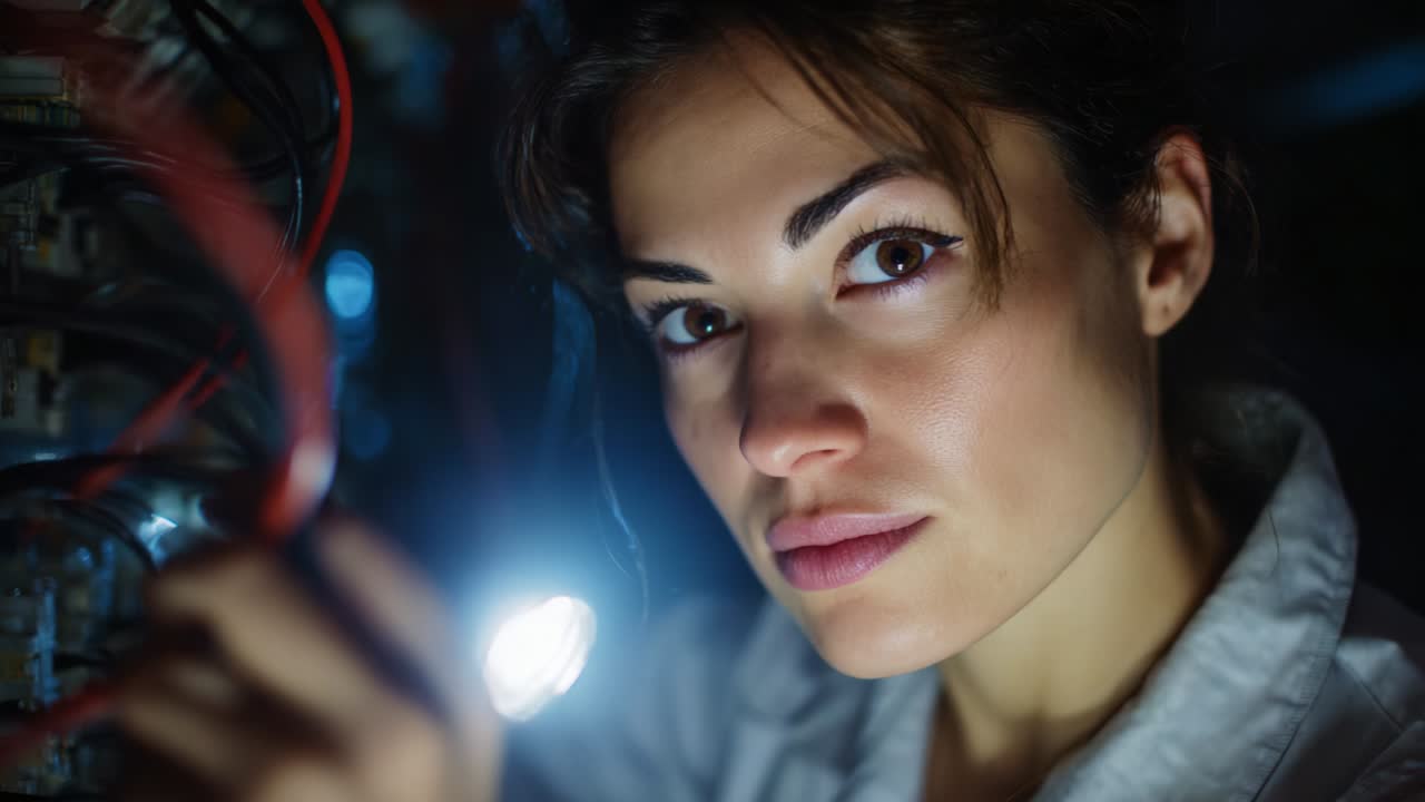 A determined technician examines intricate wiring while illuminating a dark environment with a flashlight, embodying focus and skill in her technical work to identify potential issues