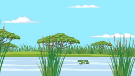 animated wetland scene with moving reeds and trees, featuring vibrant colors and smooth transitions under a clear sky