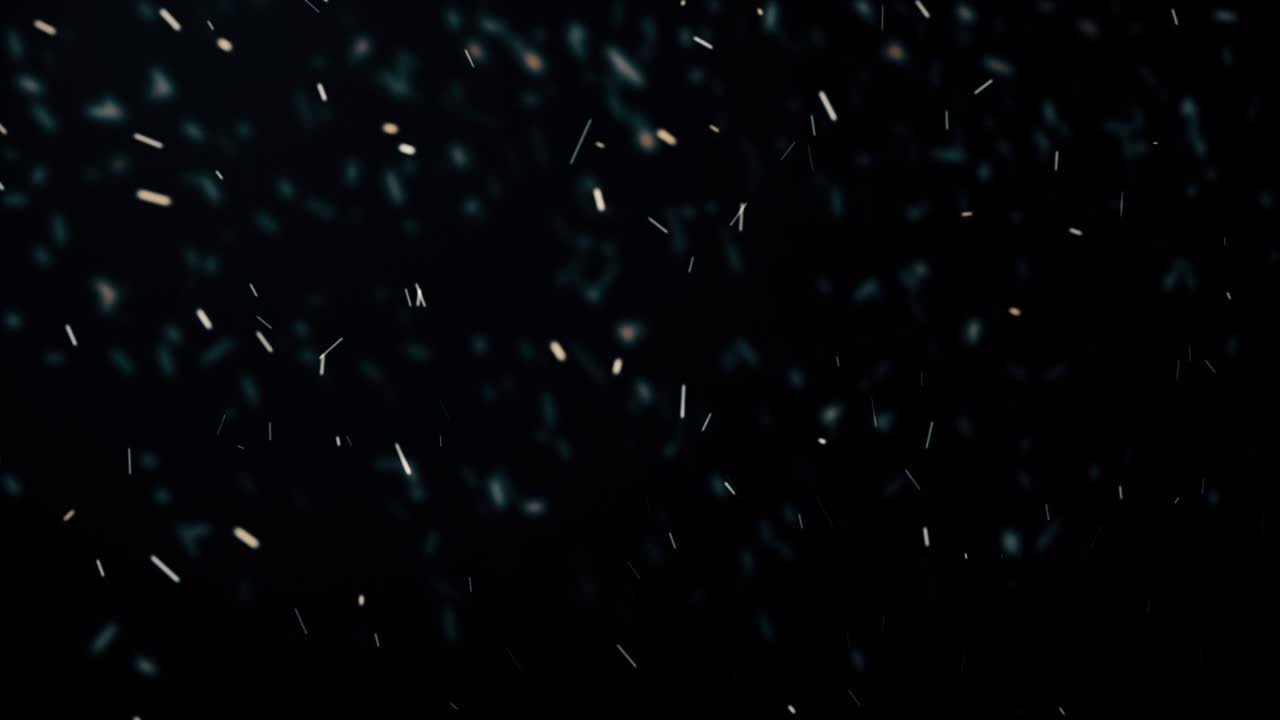 Abstract composition from chaotic flying sparkles like a snow in a winter with depth of field 4K