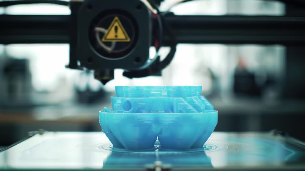 A 3D Printer in Action: Capturing the Process of Creating a Detailed Blue Object Layer by Layer in a Modern Workshop Setting
