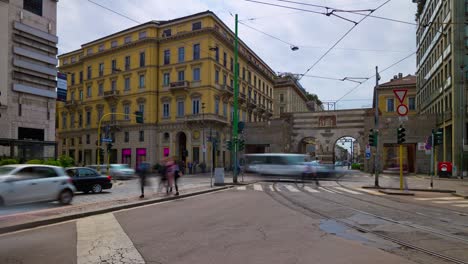 italy milan city sunny day traffic street crossroad panorama 4k timelapse