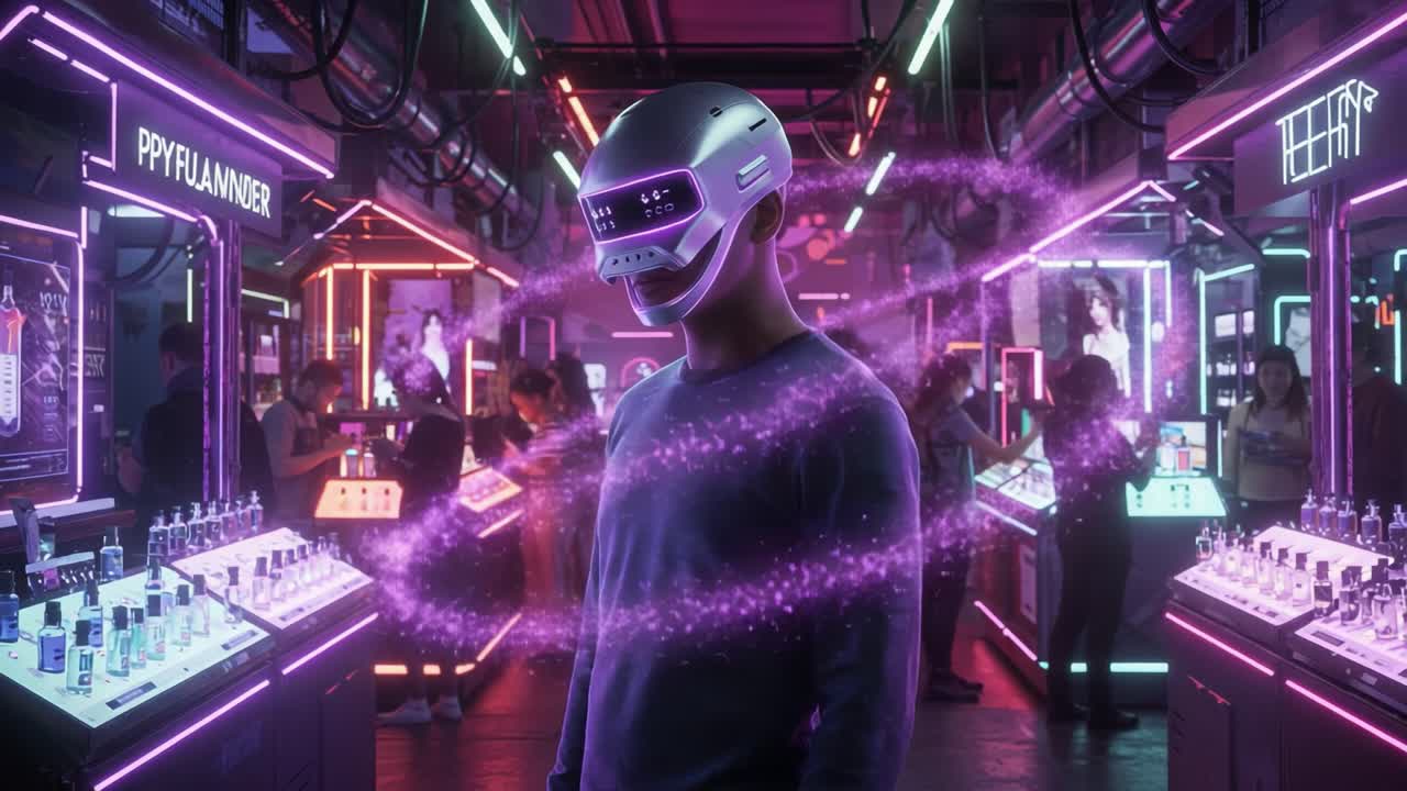 A futuristic shopping experience unfolds as a person wearing a high-tech virtual reality helmet is surrounded by mesmerizing purple particles in a vibrant, neon-lit space