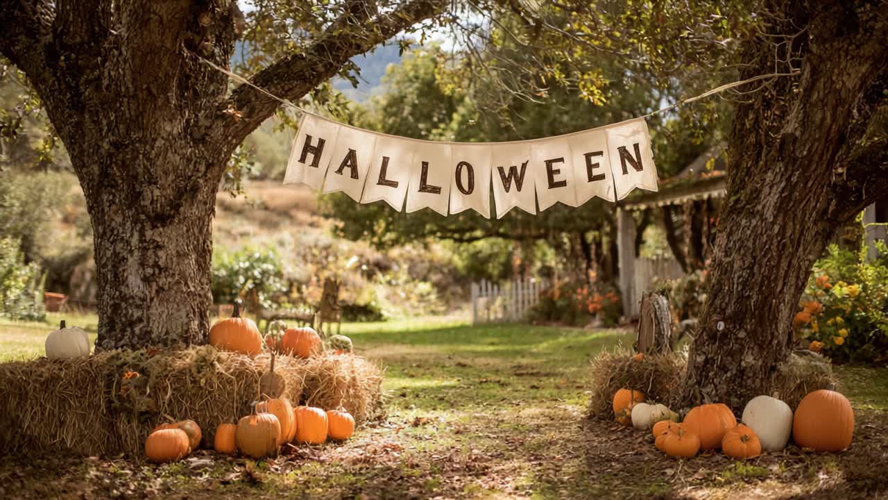 Beautiful rustic Halloween banner stretched between two old trees over pumpkins, hay bales and grass, creating a festive, spooky autumn harvest scene in the countryside