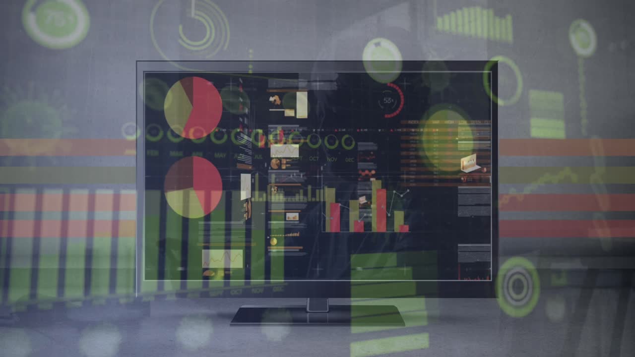 animación del procesamiento de datos en la pantalla de la computadora y diversos gráficos