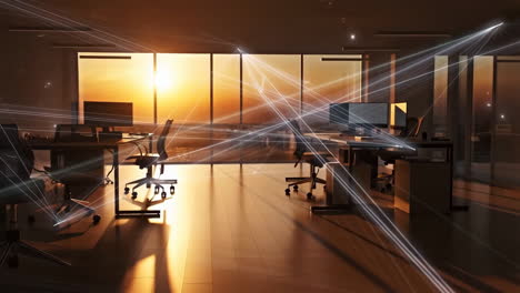 global network connectivity in a modern office at sunset