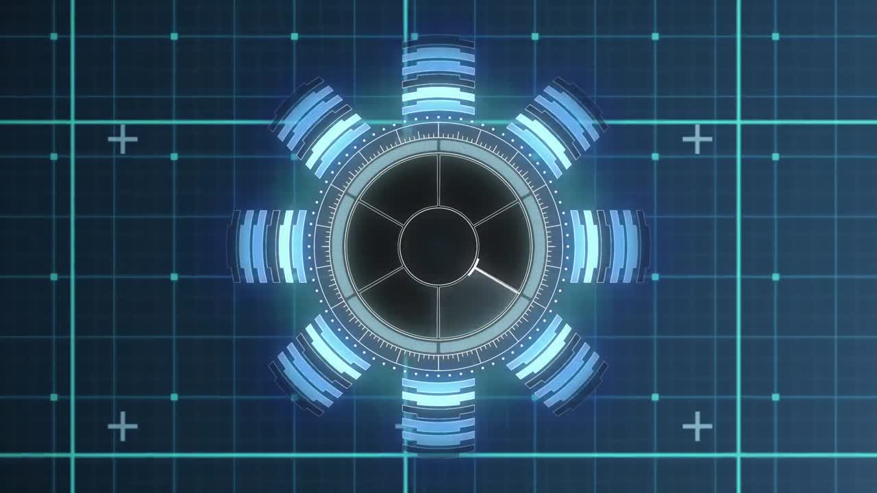 Animation of neon round scanner spinning over grid network against blue background