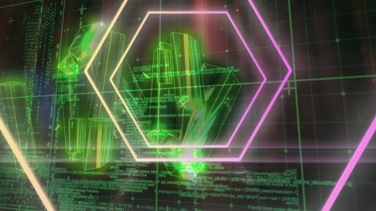 크리스탈 모양과 데이터 처리에 대항하여 이 없는 패턴으로 네온 육각형 모양의 애니메이션.