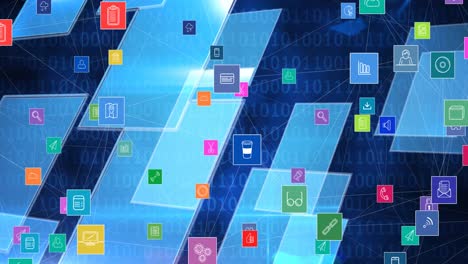 animación de la red de conexiones con iconos digitales sobre codificación binaria en segundo plano