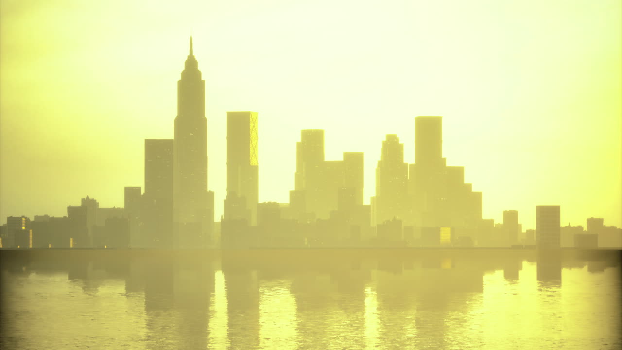 Sunrise over a silhouetted city skyline reflecting on calm waters