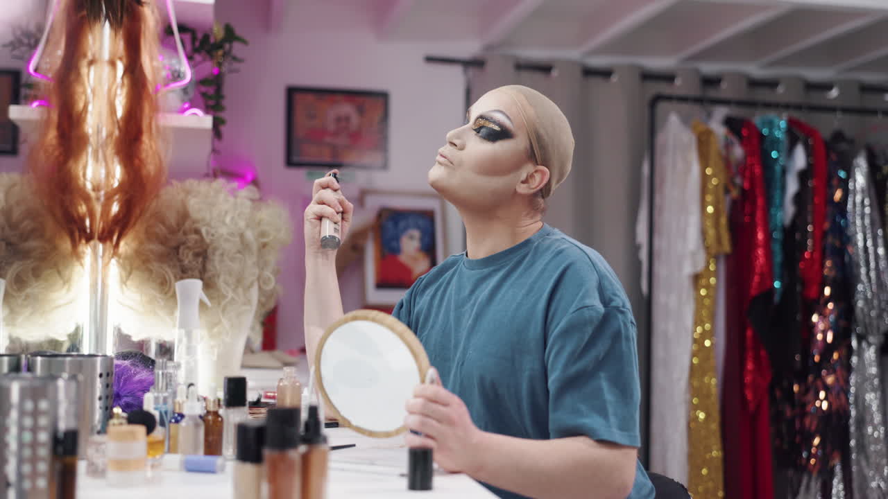 Drag Queen Applying Makeup in Dressing Room