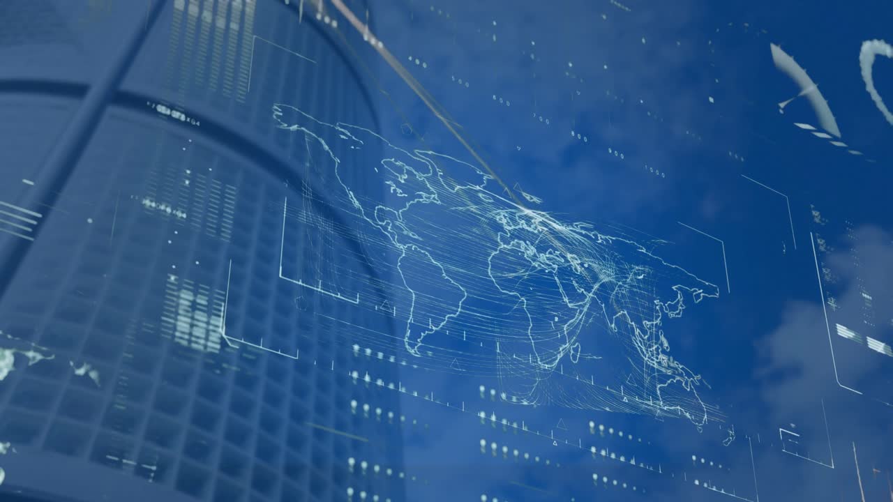 데이터 처리 및 세계 지도와의 인터페이스의 애니메이션 고층 건물의 낮은 각도 뷰에 대해