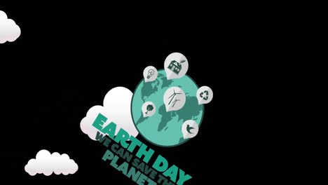 Animation-of-earth-day-and-globe-over-clouds-on-black-background