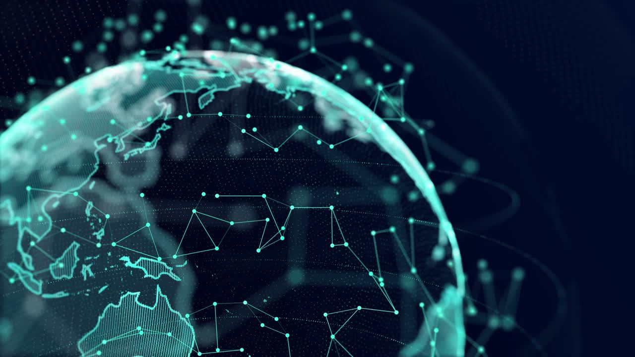 The planet earth hologram rotating node connection 4k loop animation with alpha global worldwide