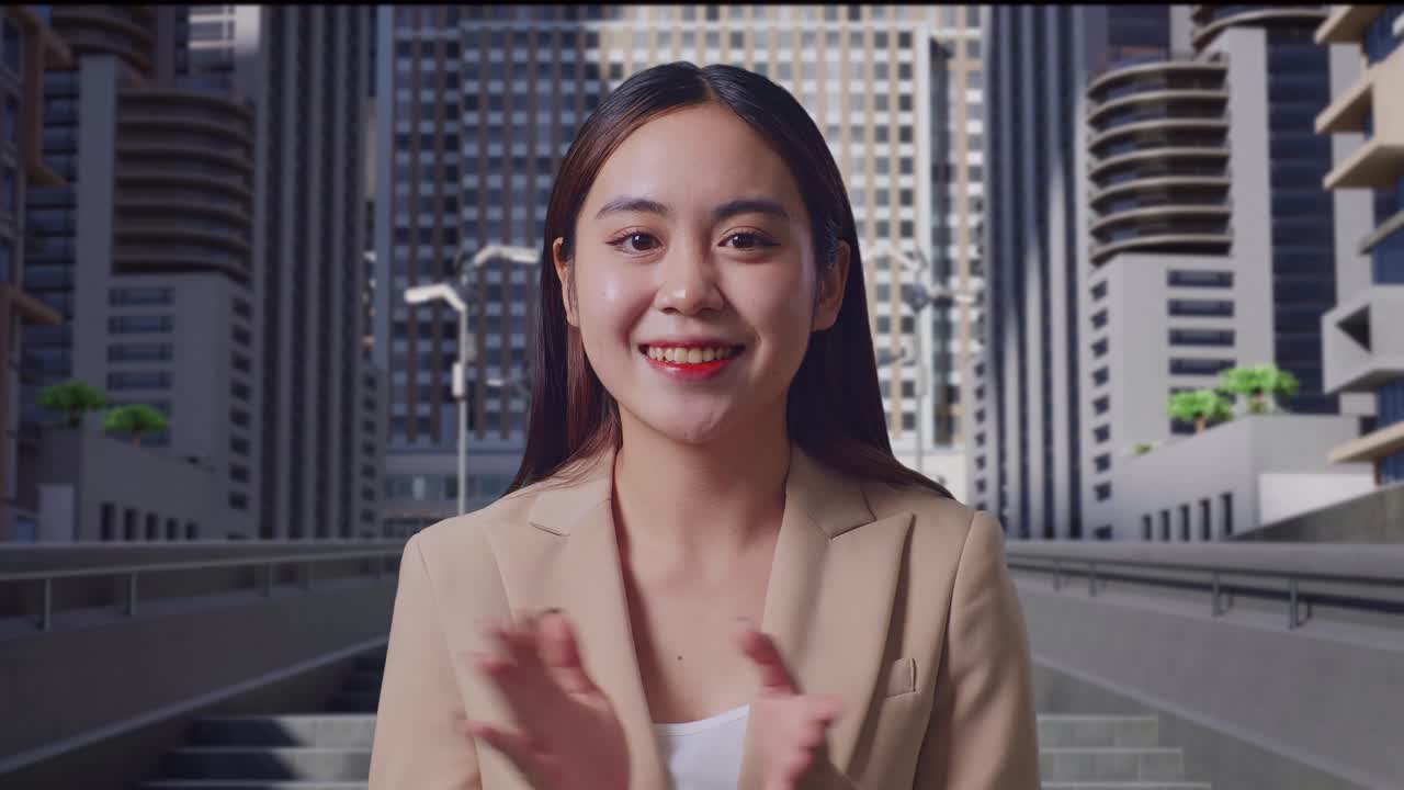 미소 짓는 사업가 여성이 도시 풍경에서 박수를 치고 있습니다.