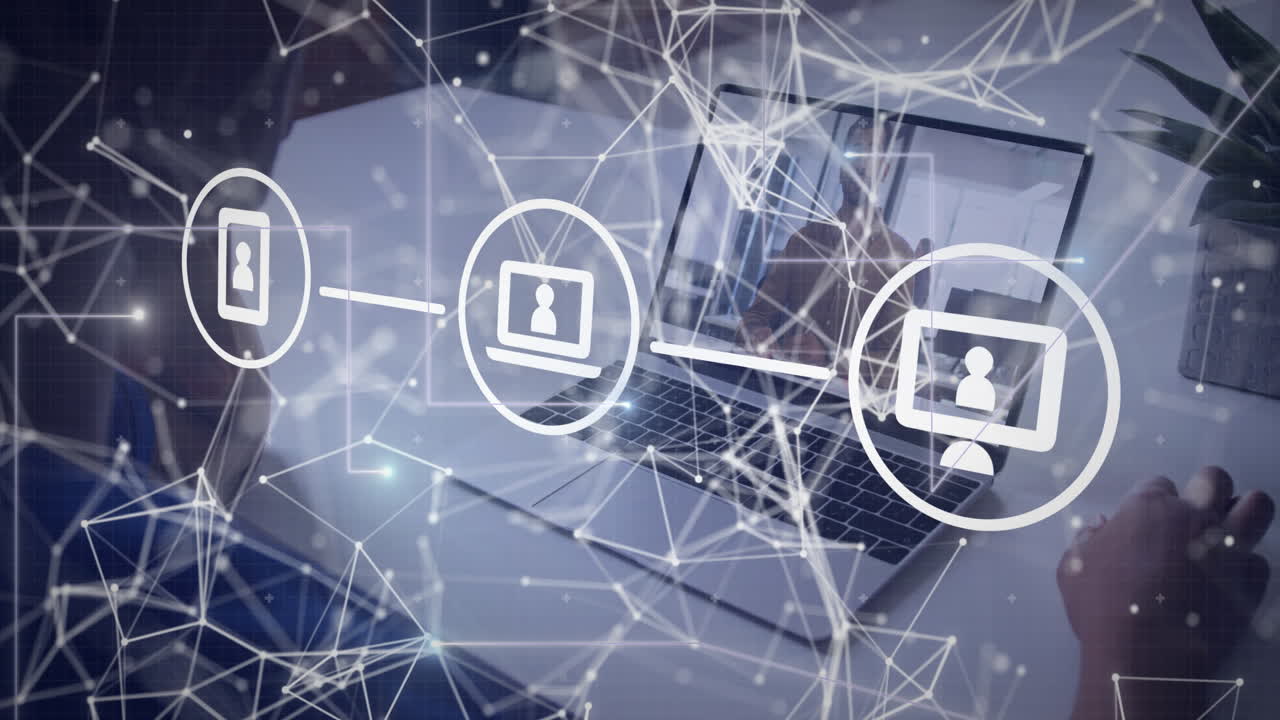 동영상 통화에서 토론하는 다양한 동료들에 대한 연결된 점 위에 연결된 아이콘의 애니메이션