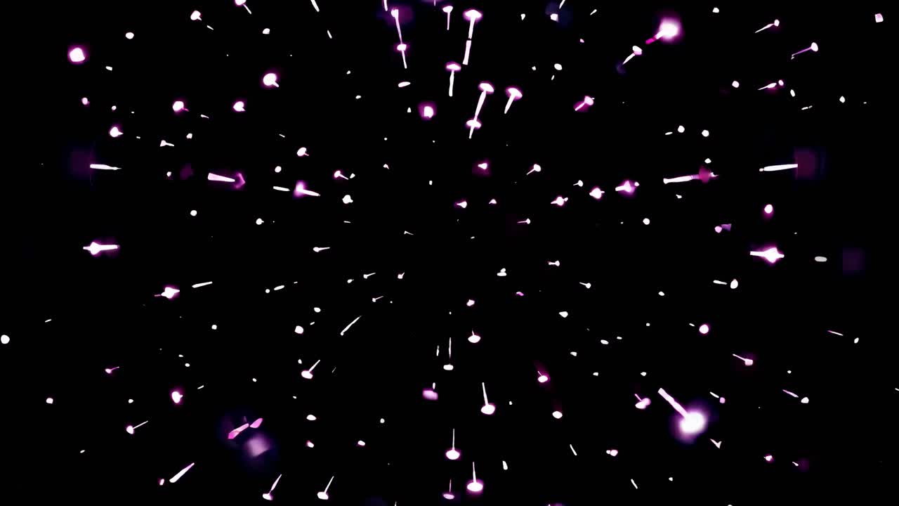 A dynamic video of glowing purple particles radiating outward, captured from a central perspective