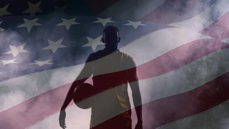 animación de la bandera de los estados unidos de américa sobre un jugador de baloncesto afroamericano