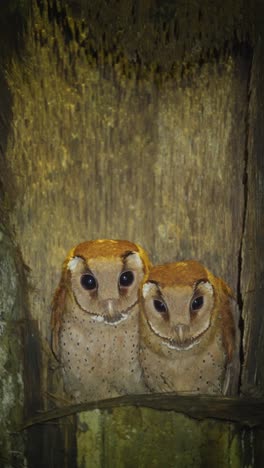 two cute phodilus badius or oriental bay owl on their nest in the night