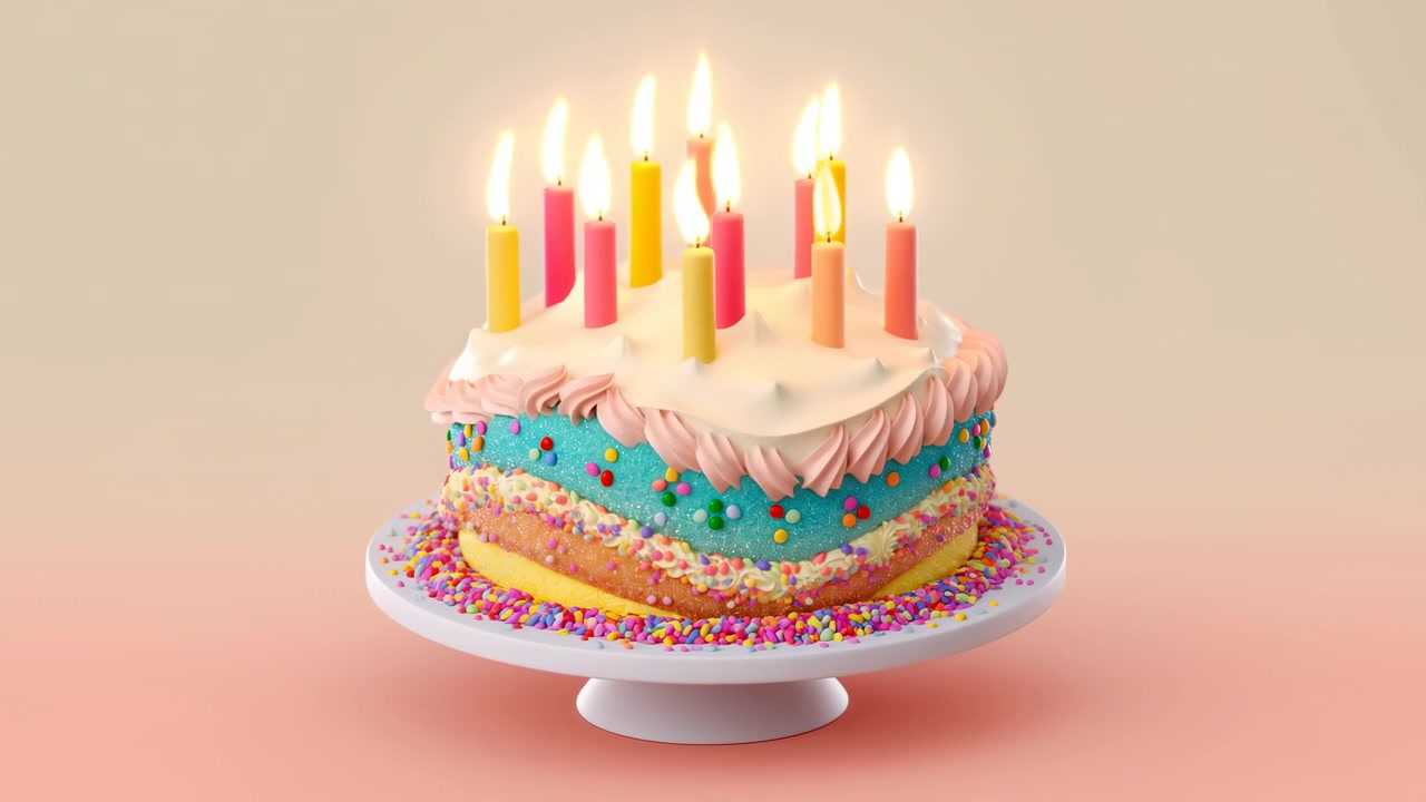 Torta celebrativa a più strati centrata su un piedistallo bianco, sormontata da undici candele pastello luminose e una calda luce di fiamma, glassa bianca liscia, codette chiare, ombre morbide, sfondo pulito da studio