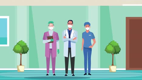 medical staff wearing face masks in hospital corridor animation
