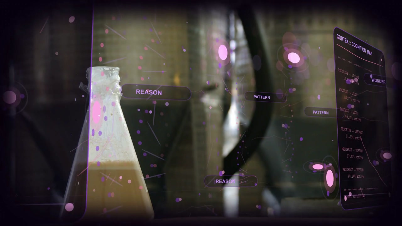 Camera moving toward flask in lab while HUD analyzing sample, particles drifting, labels anchoring