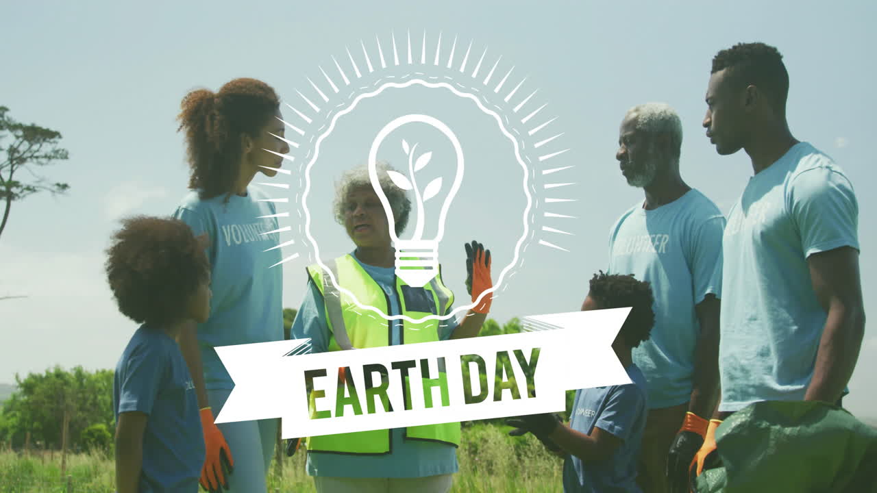 Earth Day animation over diverse volunteers cleaning up park