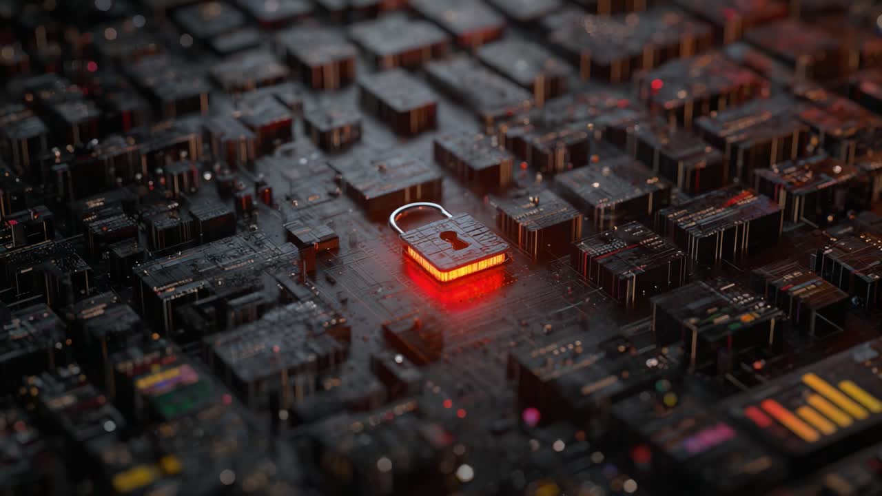 A Close-Up on Advanced Technology: The Intricate Design of a Circuit Board with a Prominent Security Lock Symbolizing Digital Protection