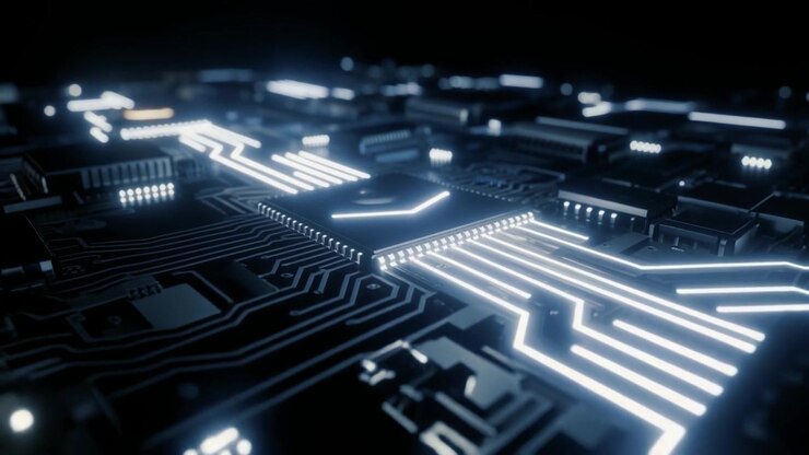 Scheda Madre Digitale con Dati Luminosi che Scorrono Attraverso i Microchip