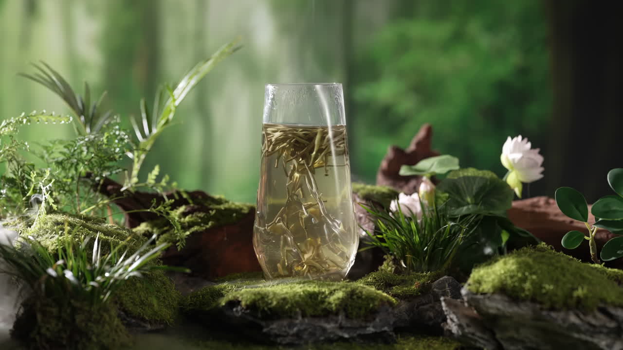 Scenic teacup Steaming Glass Cup Of Green Tea On Nature Rock Table With Tea Plantation Background against a serene mountain backdrop