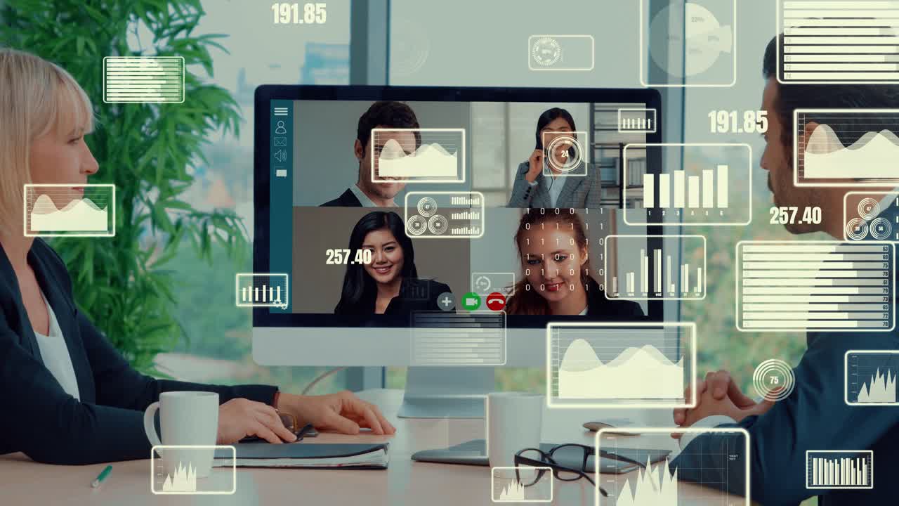 비디오 통화로 기업 직원 회의에서 사업가들의 창의적인 시각