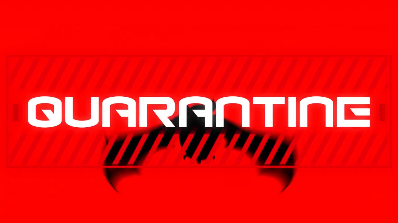 animación del texto de advertencia cuarentena, sobre el murciélago, en rojo