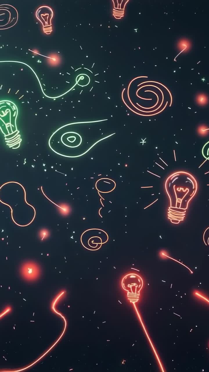 Vertical video: Animating neon shapes swirling, pulsing on navy-blue field, with lit bulbs